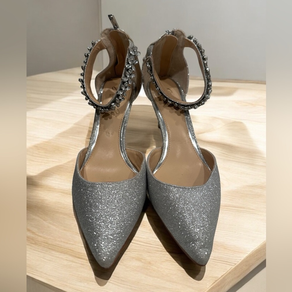 Raleigh Pointed Toe Ankle Strap Pump Silver Glitter  (Women) Size 7.5M